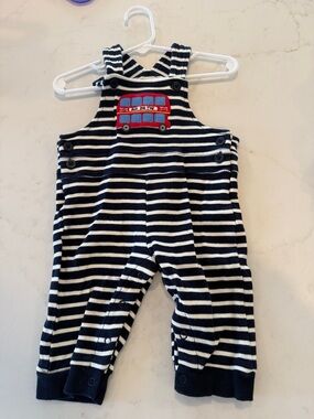 JoJo Maman Bebe Navy & White Striped Overalls with Red Bus Patch